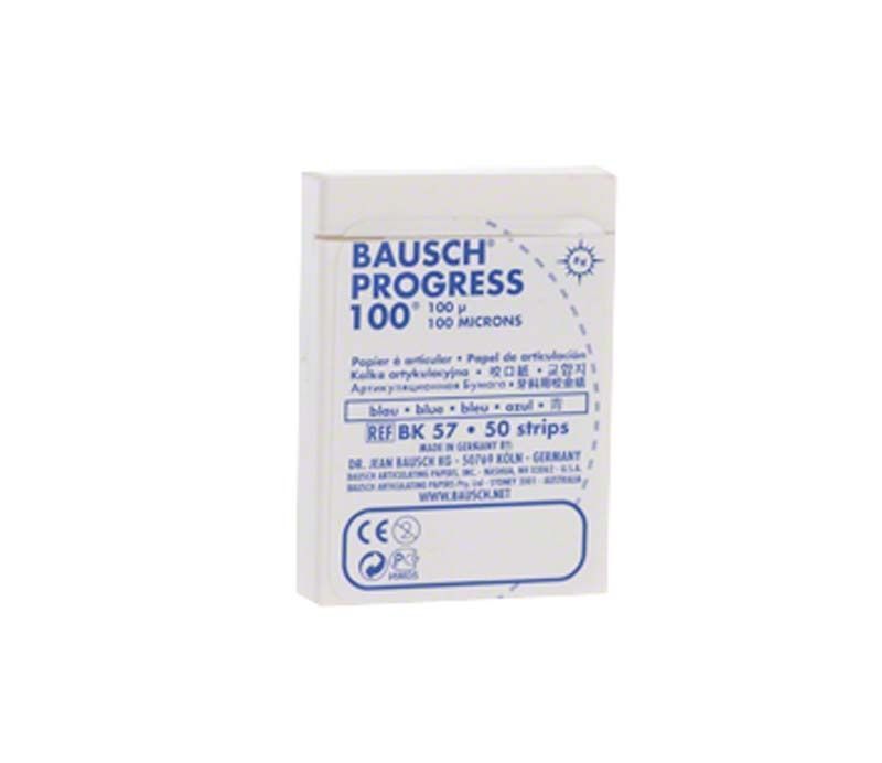 Bausch Progress 100 Artikulationspapierpackung mit blauer Schrift auf weißem Hintergrund.