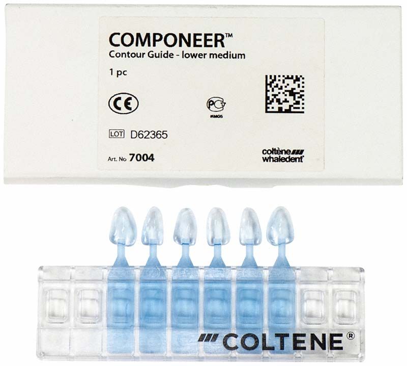 Componeer Contour Guide UK M mit blau-transparenten Dentalformen in Verpackung.