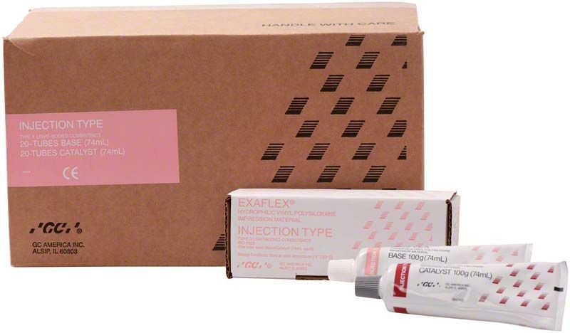Exaflex® Injection Basis und Katalysator, 20 Tuben à 74 ml, Verpackung und Tuben.