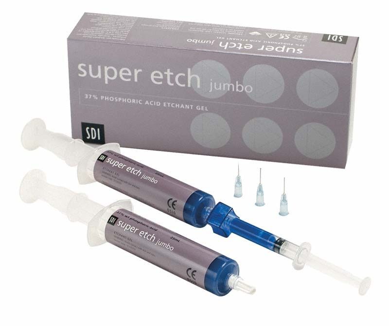 Super Etch Jumbo Spritzen mit blauer Phosphorsäure-Gel in Verpackung.