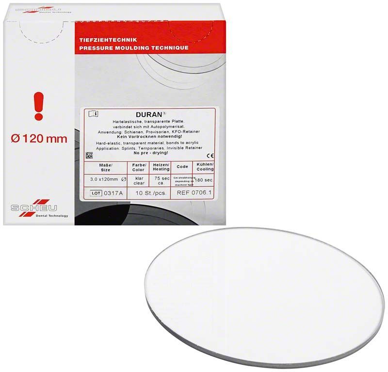 DURAN® 10er 3 mm Tiefziehfolie mit Verpackung und Einzelblatt.