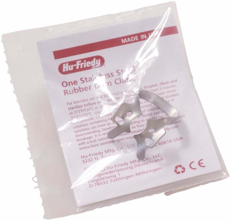 Kofferdam-Klammer Satin Steel Figur 201 für Molaren in Verpackung.