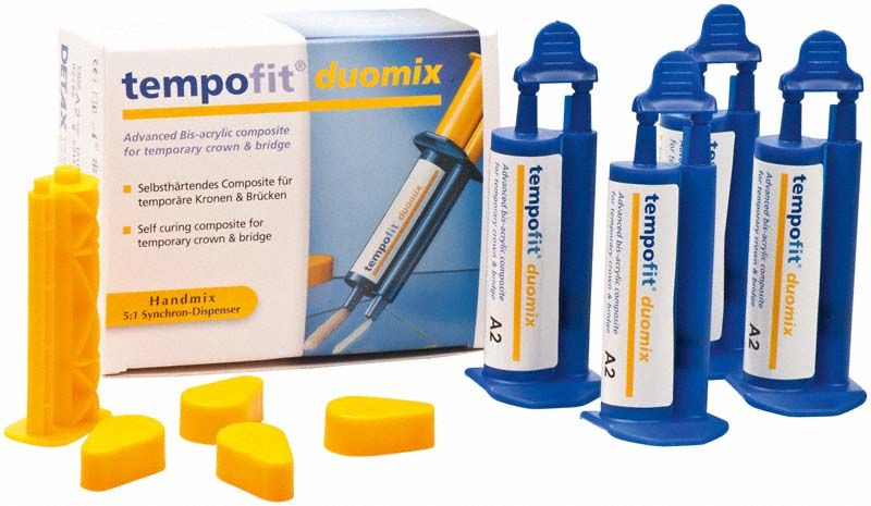 Selbsthärtendes Composite tempofit® duomix A2, vier 25g Spritzen mit Dispenser.