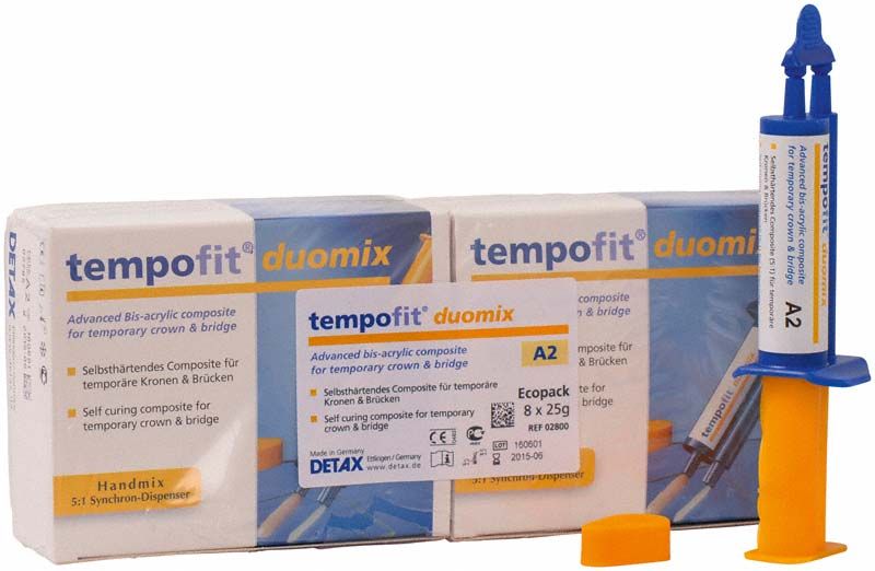 Selbsthärtendes Composite tempofit® duomix A2, Verpackung und Applikationsspritze.