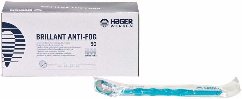 Blauer Brillant Anti-Fog Einmalmundspiegel vor Verpackung auf weißem Hintergrund.