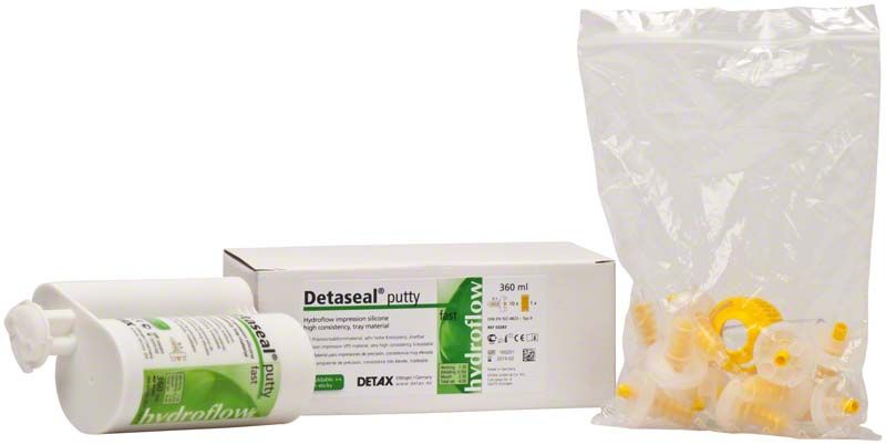 Detaseal hydroflow Putty Kartusche 360ml mit Zubehör und Verpackung.
