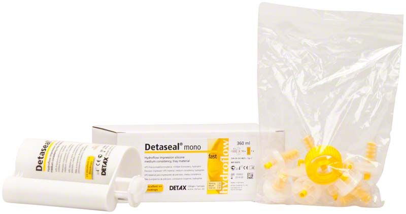 Detaseal hydroflow mono Doppelkartusche 360ml mit Zubehör und Verpackung.