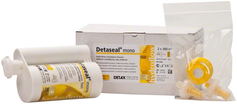 Detaseal hydroflow mono Doppelkartuschen 2 x 360 ml mit Verpackung und Zubehör.