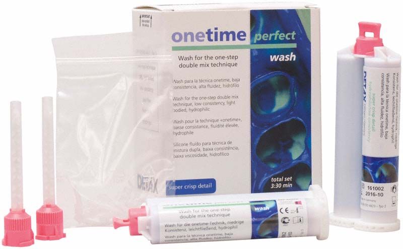 Zahnabdruckmaterial Onetime Perfect Wash 2x50ml mit Zubehör auf Verpackung.