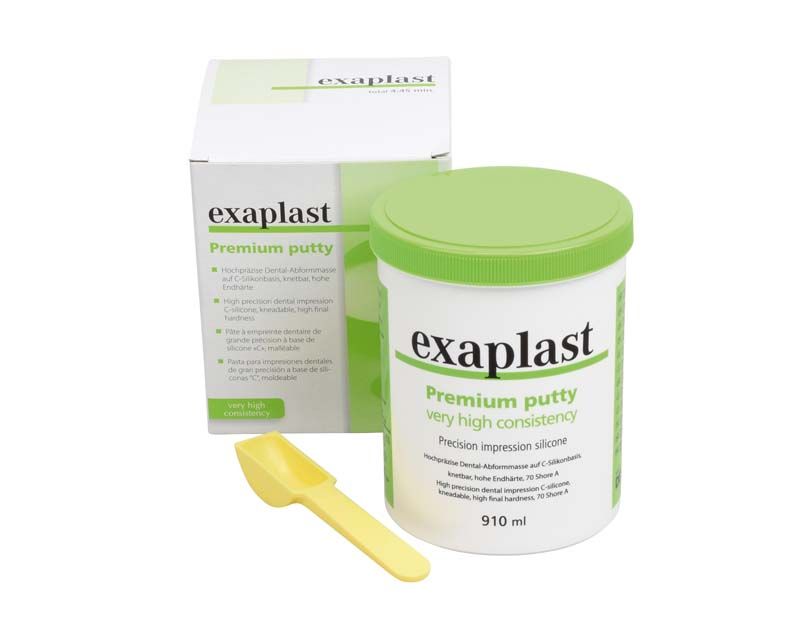 Exaplast Premium Abformmasse, grüner Behälter mit gelbem Spatel, 910 ml.