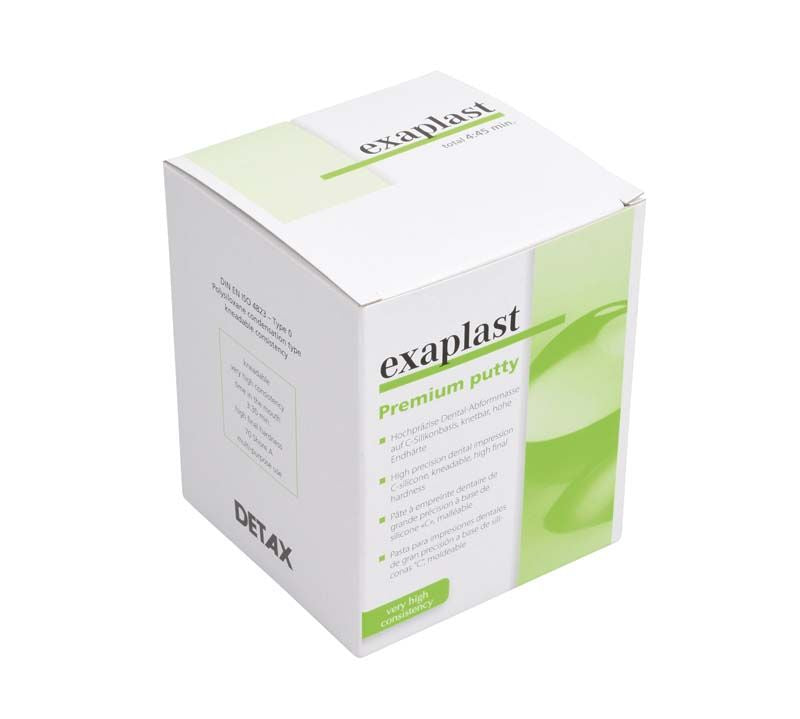 Exaplast Premium Putty in weiß-grüner Verpackung mit Produktinformationen.