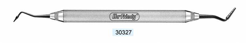 Zahnmedizinisches Komposit-Instrument Satin Steel XTS, doppelseitig mit gebogenen Spitzen.