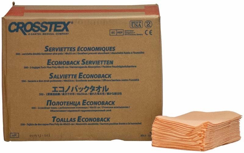 Crosstex Patientenservietten pfirsich in Verpackung mit gestapelten Servietten.