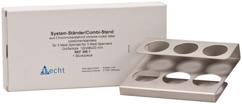 System-Ständer für 3 Medi-Spender-Gläschen aus Chrom-Nickelstahl.