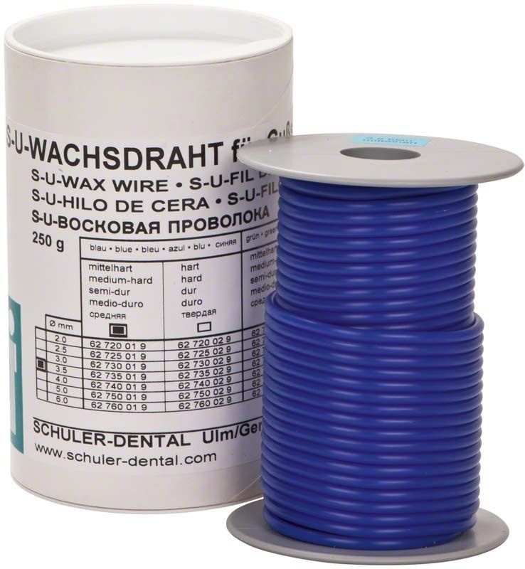 Blauer S-U-Wachsdraht mittelhart, Ø 3,5mm, auf Spule vor Verpackung.