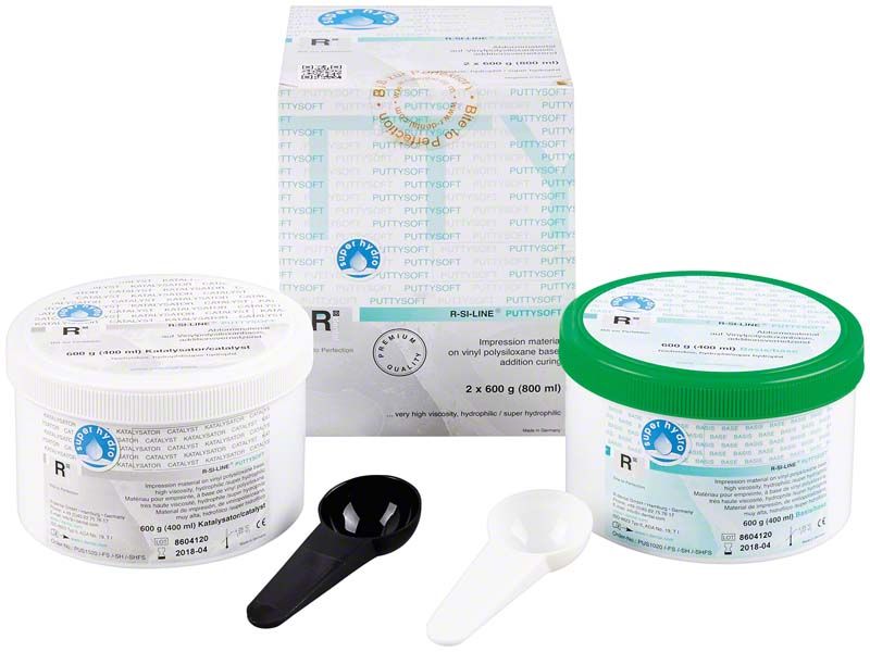 Verpackung des R-SI-LINE ® PUTTYSOFT SH Abformmaterials mit zwei Dosen und Messlöffeln.