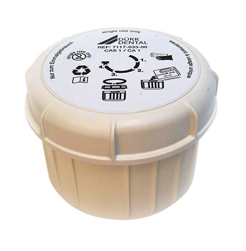 Amalgam-Einwegbehälter für Zahnarztpraxen mit Recycling-Symbolen.