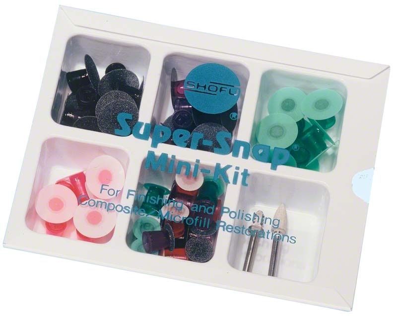 Super-Snap Polierscheiben Mini-Kit von Shofu Dental in geöffneter Verpackung.