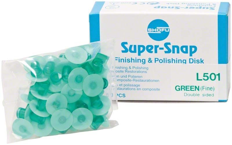 Super-Snap Polierscheiben fein von Shofu Dental in grüner Verpackung.