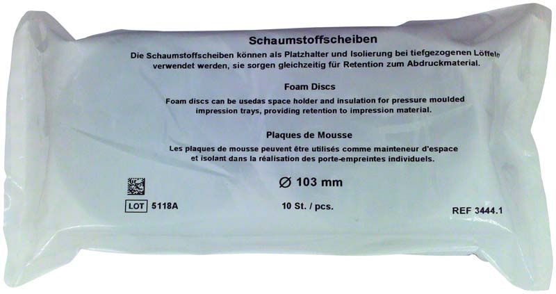 Schaumstoffscheiben Ø 103mm in transparenter Verpackung mit Produktinformationen.