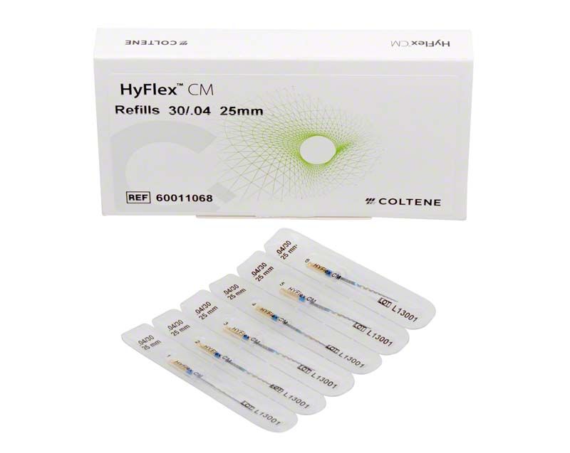 HyFlex™ CM NiTi-Feilen 25mm Gr. 04/30 in Verpackung mit sechs Einzelfeilen.