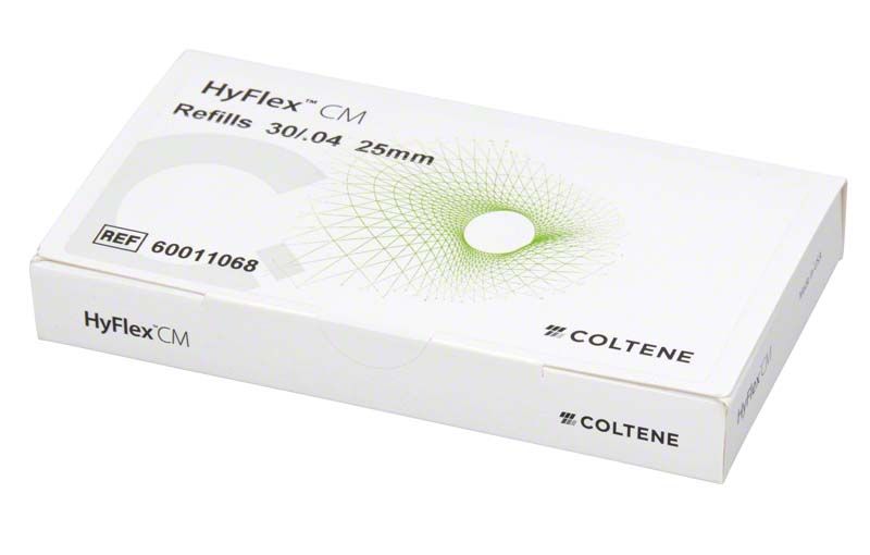 HyFlex™ CM NiTi-Feilenverpackung mit Refills 30/04 25mm auf weißem Hintergrund.