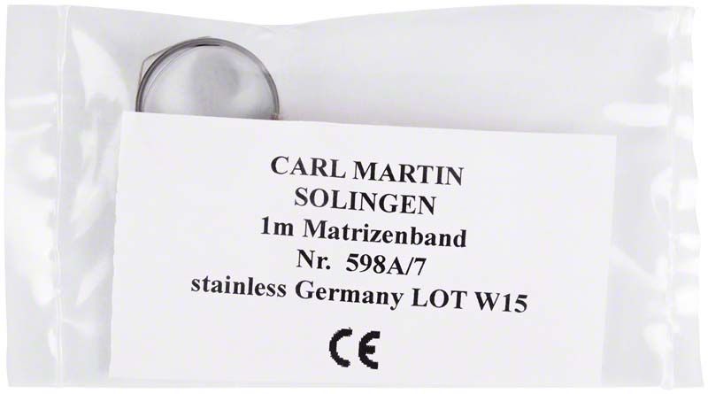 Transparente Verpackung mit Matrizenband und Beschriftung von Carl Martin Solingen.