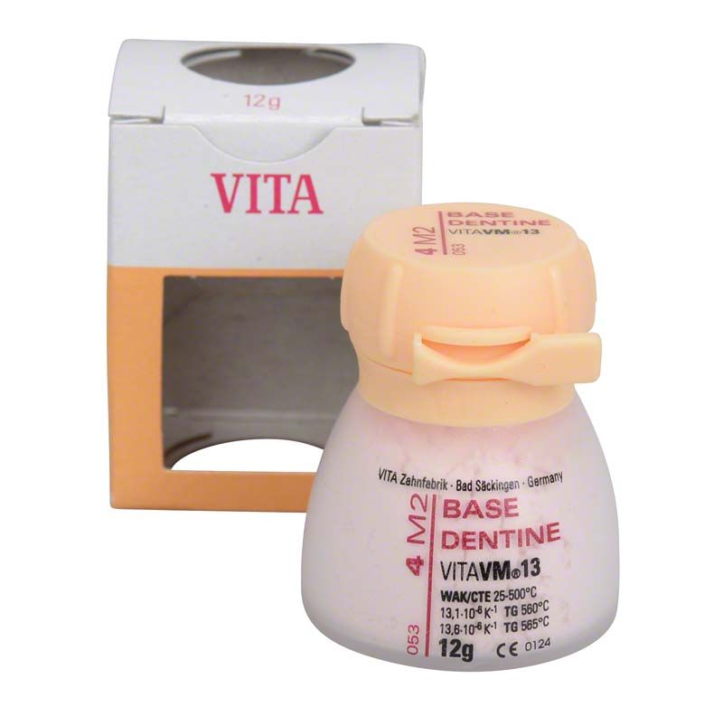 Keramikpulverflasche VITA VM13 Base Dentin 4M2, 12g, vor Verpackung.