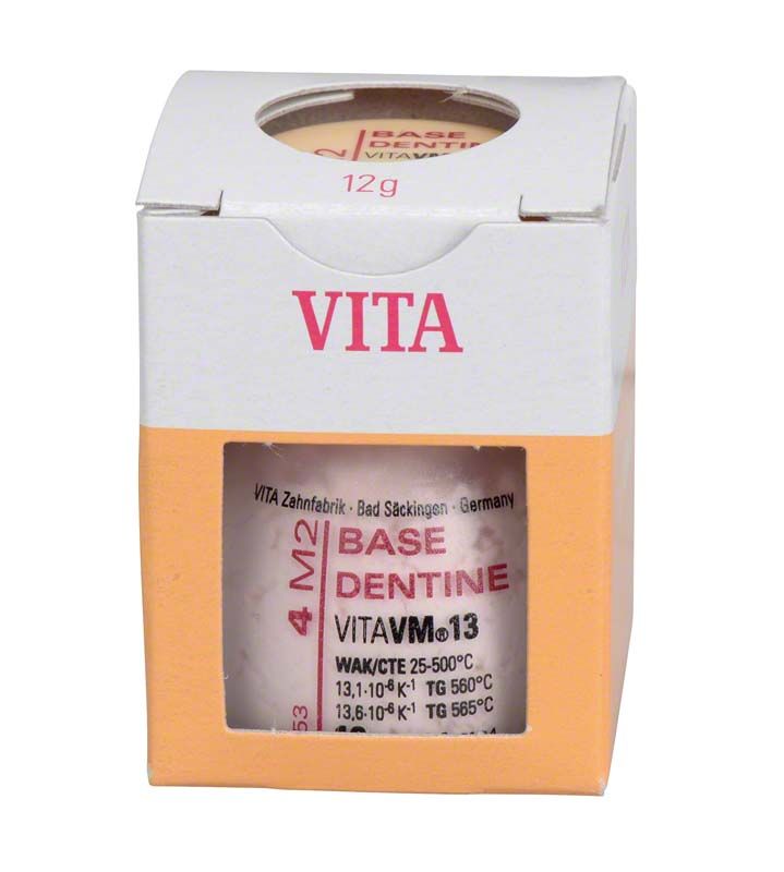 Verpackung der VITA VM13 Base Dentin 4M2 Keramikmasse, 12g, Vorderansicht.