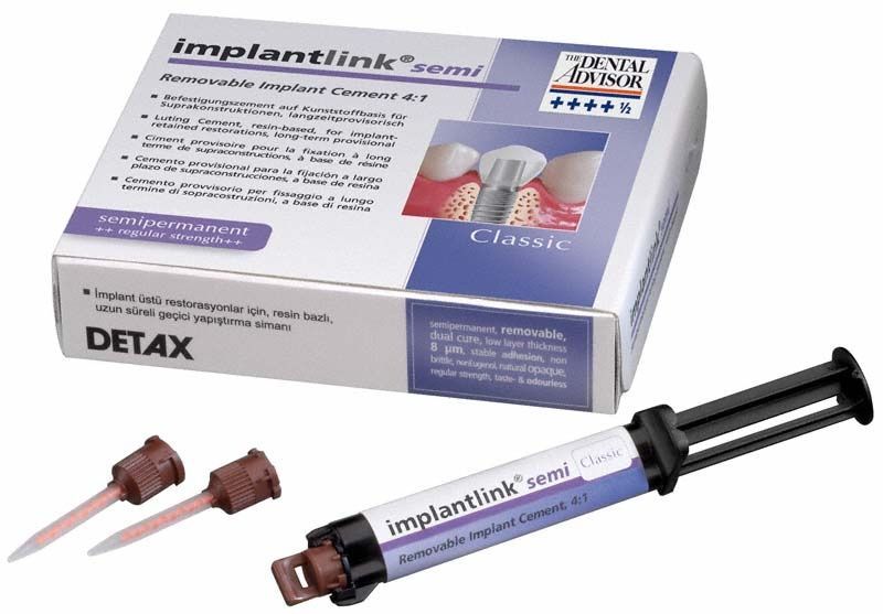 Implantlink semi classic Befestigungszement in Kartonverpackung mit Applikationsspritze.