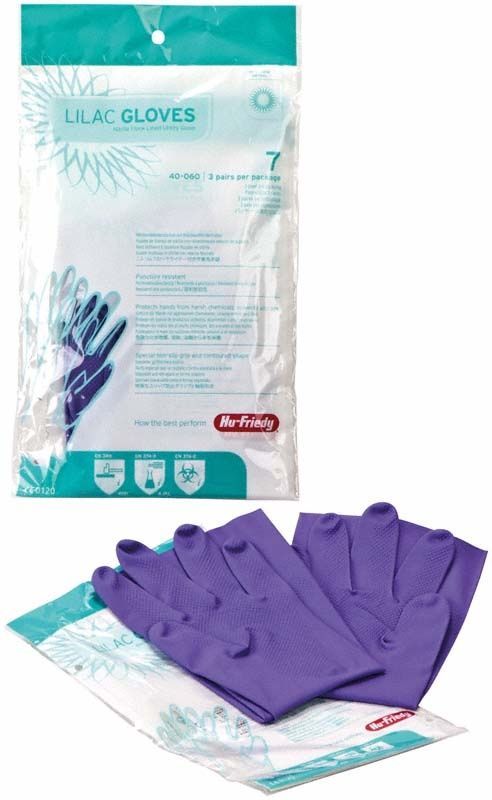 Lila Nitrilhandschuhe Gr. 7 mit Baumwollflockenfutter in Verpackung.