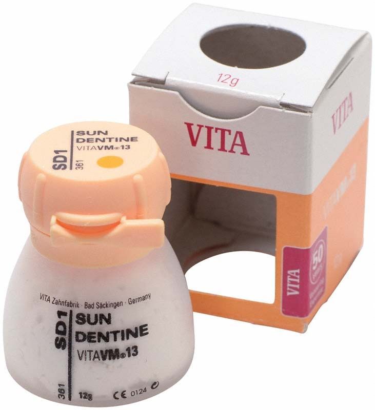 VITA VM13 Sun Dentine SD1 in Originalverpackung mit geöffneter Box.