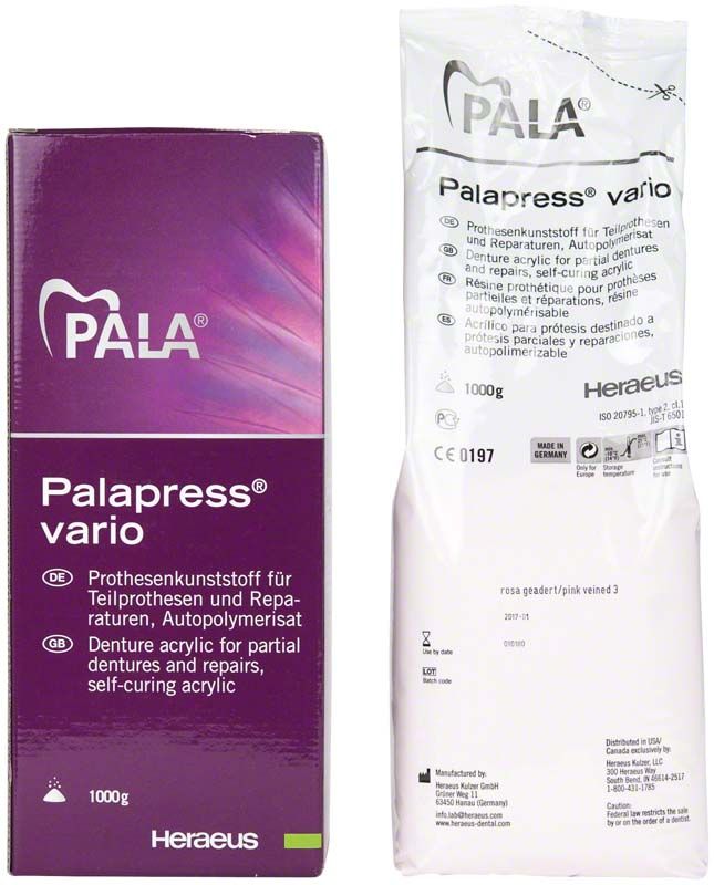Palapress® vario Pulver 1000g rosa geadert Verpackung für Prothesenkunststoff.