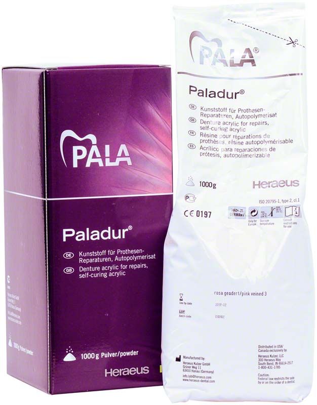 Paladur® Pulver 1000g rosa geadert Verpackung mit Produktinformationen.