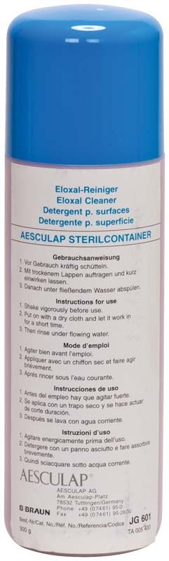 Eloxal-Reiniger-Flasche von Aesculap mit Etikett und Gebrauchsanweisung.