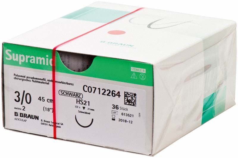 Verpackung von Supramid® 3/0 HS21 chirurgischem Nahtmaterial, 45 cm, schwarz.