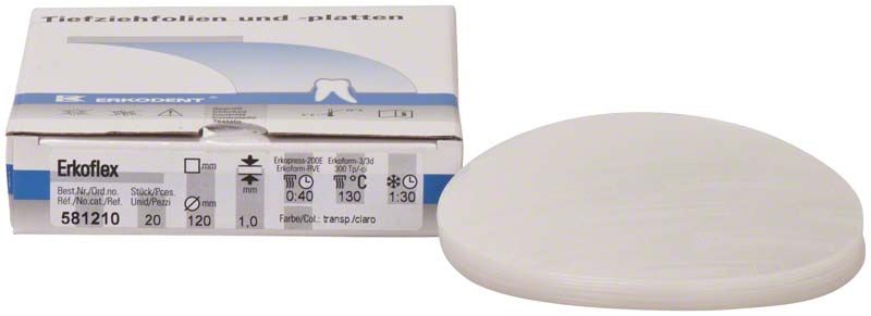 Erkoflex-Tiefziehfolie Ø120mm x 1,0mm vor Verpackung mit Produktdetails.