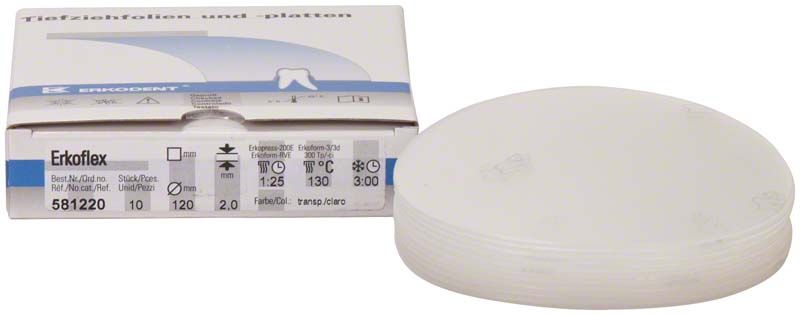 Erkoflex Tiefziehfolien Ø120mm x 2,0mm vor Verpackung.