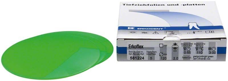 Erkoflex Farbe 2,0mm grellgrün neben der Produktverpackung.