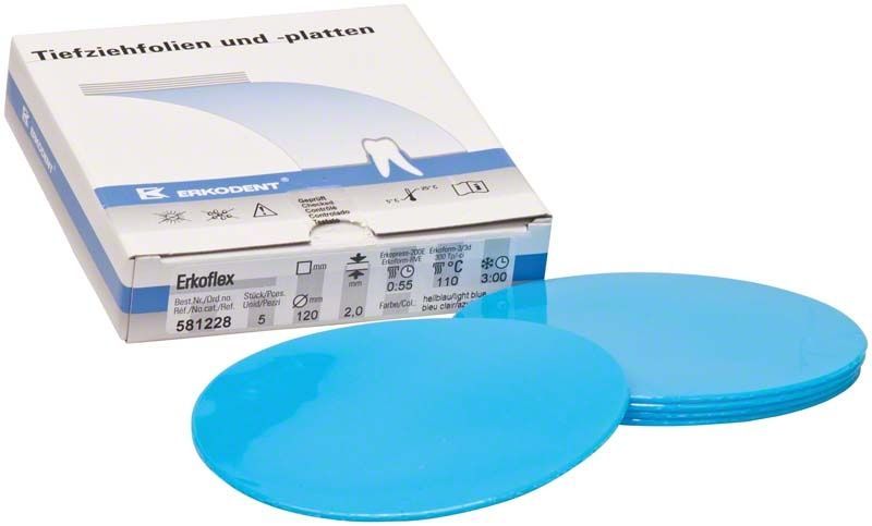 Erkoflex Tiefziehfolien 2,0 mm in hellblau vor Verpackung.