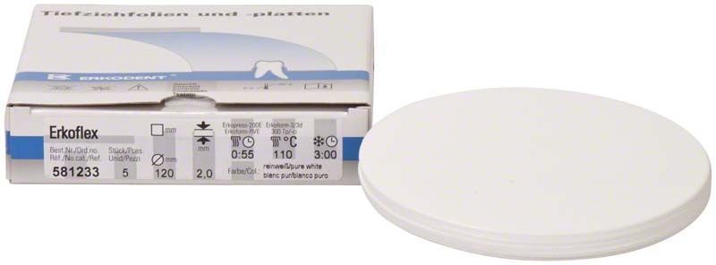 Erkoflex Farbfolie 2,0 mm in reinweiß mit Verpackung im Hintergrund.