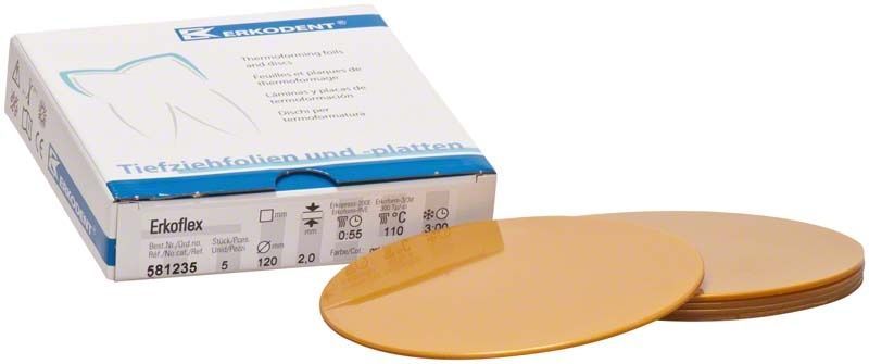 Erkoflex Tiefziehfolien 2,0mm in goldener Farbe neben der Verpackung.