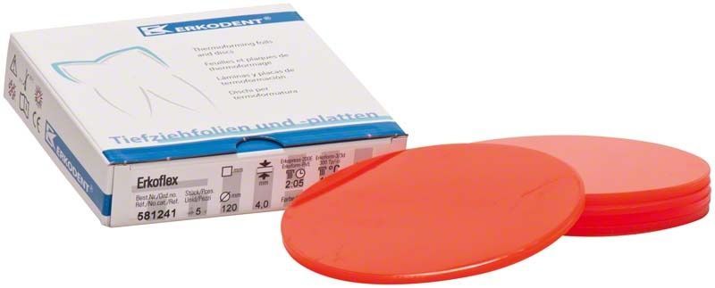 Erkoflex Tiefziehfolien in grellroter Farbe, 4,0mm Stärke, neben Verpackung.