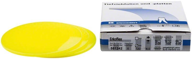 Erkoflex Tiefziehfolien in grellem Gelb neben Verpackung.