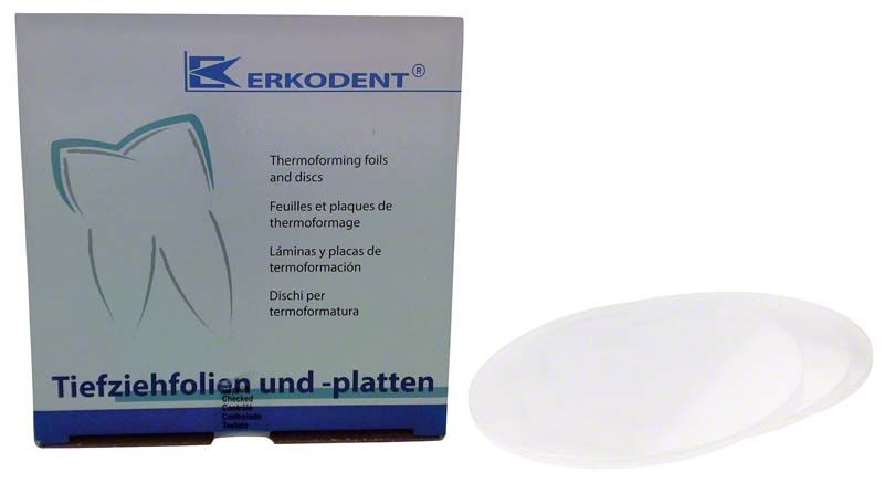 Erkoflex Tiefziehfolie für dentalmedizinische Anwendungen, Verpackung und transparente Folie sichtbar.