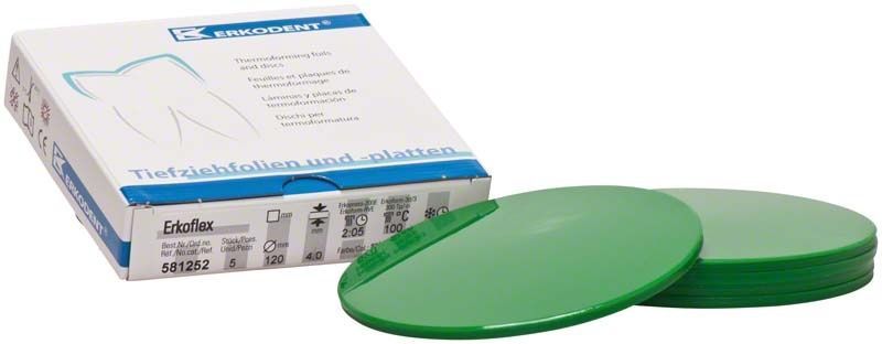 Erkoflex Tiefziehfolien in sattgrün, 4,0 mm, neben geöffneter Verpackung.