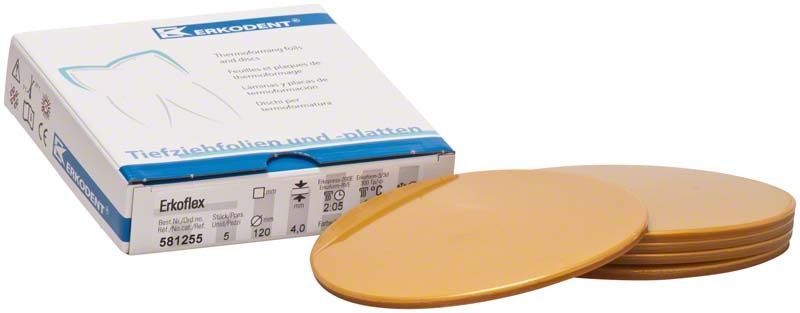 Erkoflex Tiefziehfolie 4,0mm in Gold neben Produktverpackung.