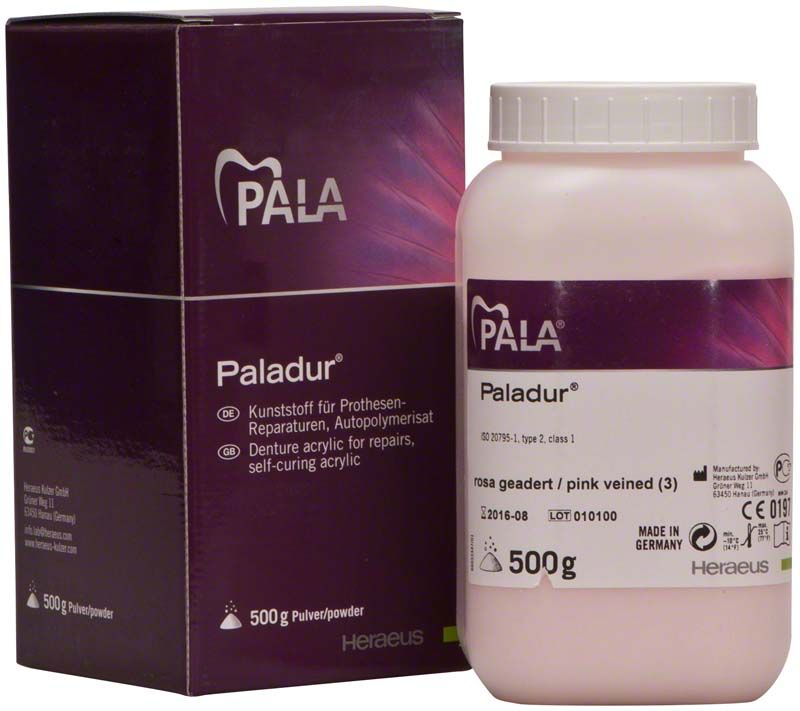 500g Dose rosa geadertes Paladur® Pulver für Prothesenreparaturen.