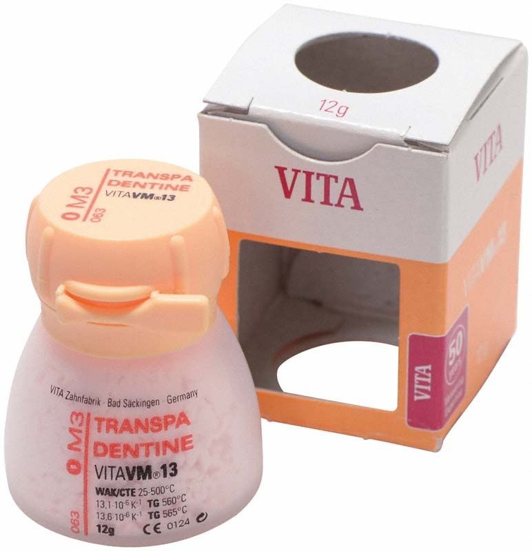 Transparente Dentinpulverdose VITA VM13 0M3 mit Verpackung.