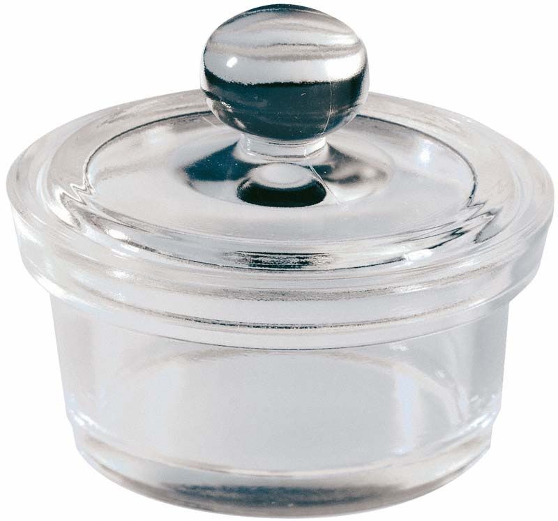 Aufbewahrungsglas aus Klarglas mit Deckel für Dentalbedarf.